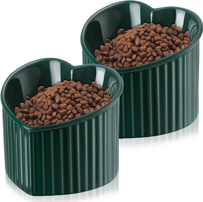 Mumufy 2 Pcs Ceramic Elevated Cat Bowls Tilted Elevated Raised Pet Bowls Anti Vomit Cat Dish for Indoor Stress Free Water Dish Feeder for Puppies, Heart Shaped(Peacock Green)