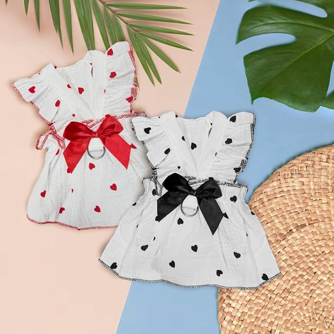 2 Pieces Dog Dress, Pet Clothes for Small Dogs Girl, Cute Heart Print Puppy Sleeveless Dresses with D-Ring, Breathable Pet Outfit Summer Clothes for Small Dogs Puppy Cats Girl Apparel (Heart, Large)