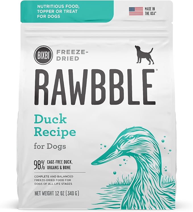 BIXBI Liberty Freeze-Dried Dog Food Topper & Treats, Duck – 95% Meat & Organs, No Refrigeration – USA Made, 12 oz