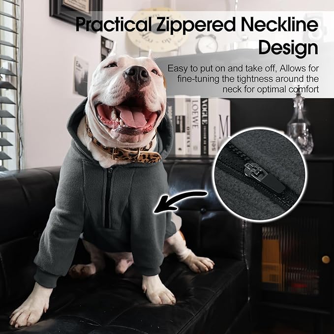 Nanaki Dog Hoodie for Large Dogs-Fleece Sweatshirt with Pocket-Long Sleeves Adjustable Zip Collar-Warm Jacket Boy Girl for Bulldogs, Cold Weather Coats for Christmas Holiday Indoor Outdoor Grey, XL