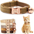 Personalized Non-Breakaway Cat Collar with Name, Luxury Soft Velvet Custom Engraved Name Collar with Bell for Kittens & Cats (Tan, S (6.5-10.5 inches))