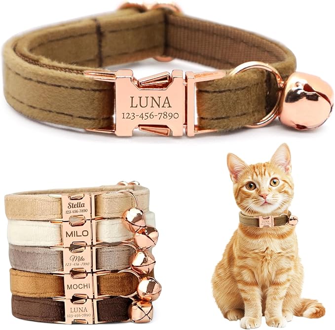 Personalized Non-Breakaway Cat Collar with Name, Luxury Soft Velvet Custom Engraved Name Collar with Bell for Kittens & Cats (Tan, S (6.5-10.5 inches))