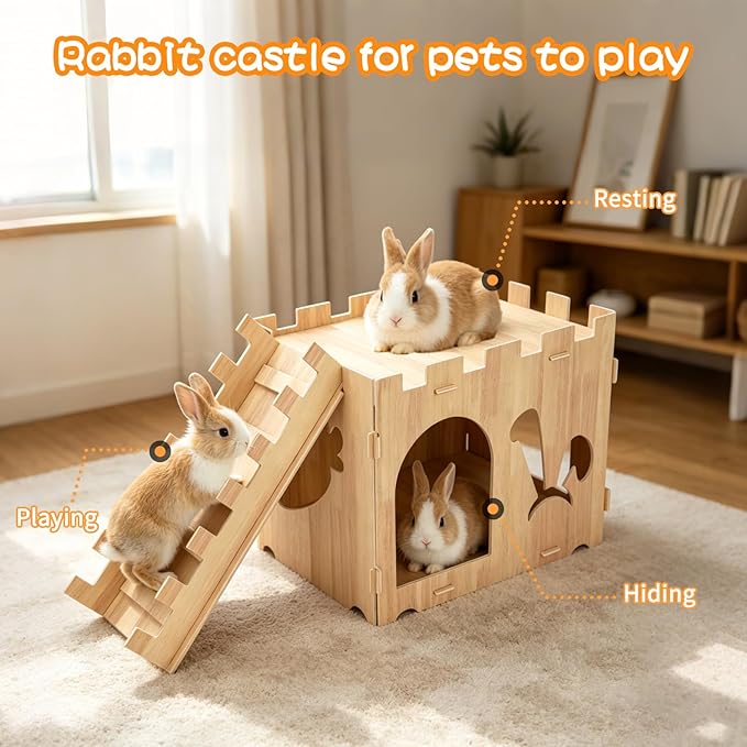 BWOGUE Extra Large Wooden Rabbit Castle Bunny House and Hideouts Detachable Small Animal Play Hideaway Hut for Indoor Adult Rabbit Guinea Pig Chinchilla Habitat