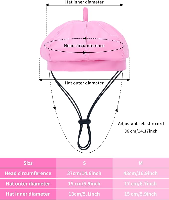 PET SHOW Dog Beret Hat for Small Dogs Cats Party Holiday Headband Cap French Leather Berets with Adjustable Chin Strap Cute Fashion Puppy Hats Pets Costumes Accessories(Pink,S)
