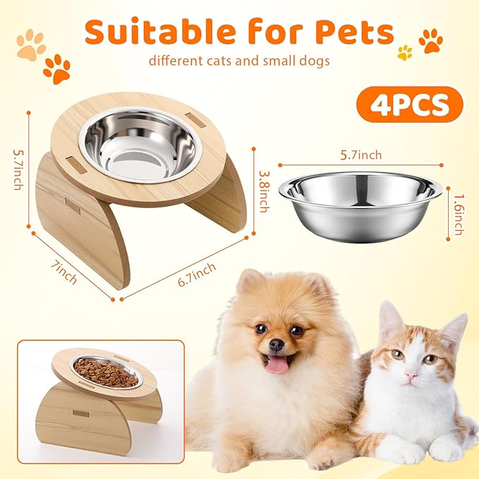 Blushtier 4 Pcs Elevated Stainless Steel Cat Bowls Bamboo Cats Feeding Station Stand, 15°Tilted 5.7 Inches Shallow Wide Raised Metal Cat Bowls for Pet Water Food Shelf Dishes for Indoor Cats Puppy
