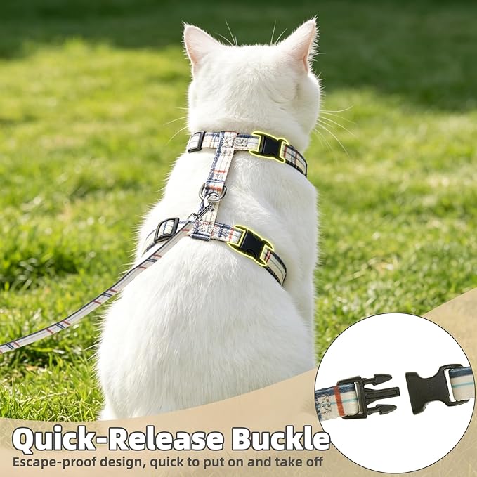 PUPTECK Adjustable Cat Harness and Leash Set Escape Proof Kitten Strap Collar for Walking Travel, Beige Plaid
