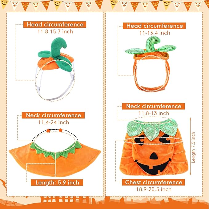 Huhumy 2 Sets Pet Pumpkin Costume Cat Halloween Cloak Hat Set for Dog Cat Halloween Costumes Pumpkin Hat for Dogs Puppy Poncho Small Medium Pets Cosplay
