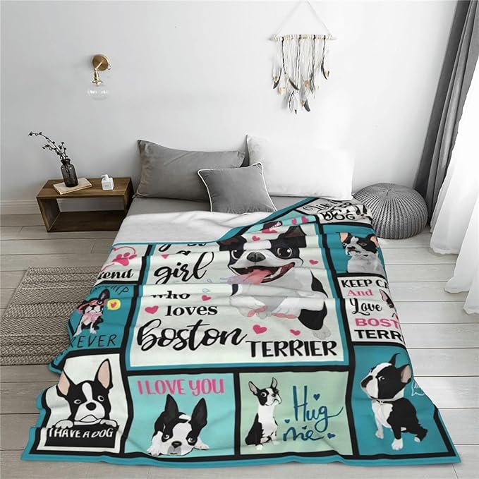SweetFox Just A Girl Who Loves Boston Terrier Blanket, Funny Dog Decor Throw Blanket Gifts for Girls Boys Lover Super Warm Soft Plush Fleece Flannel Bedding Blankets for Kids Adults Men Women 50"X40"