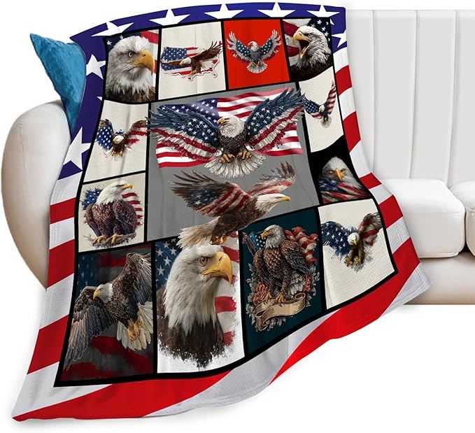 Eagle Throw Blanket American Flag Bald Eagle Stuff Gifts for Kids Girls Boys Adults Women Men Soft Cozy Warm Plush Fluffy Fuzzy Fleece Blanket Decor 50''X60''