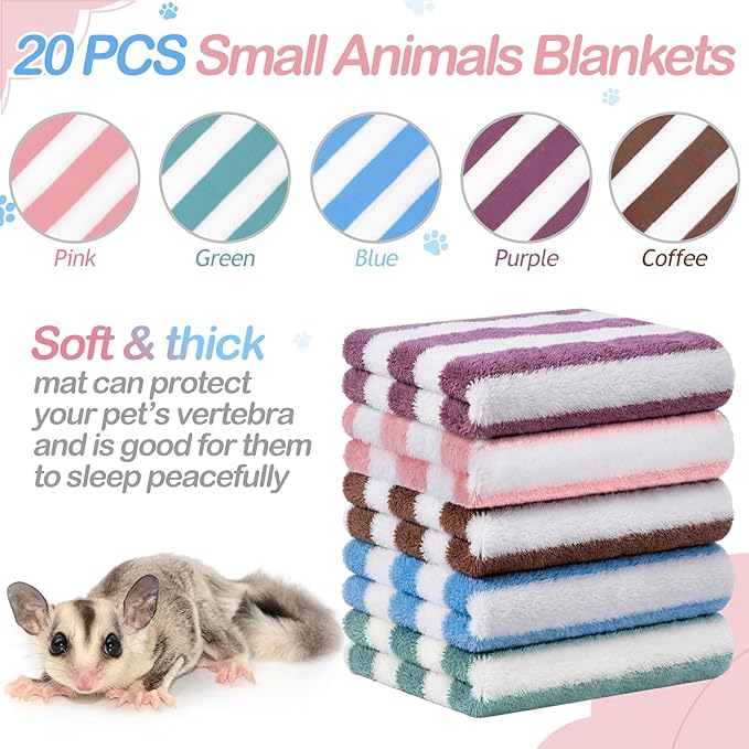 Moukeren 20 Pcs Guinea Pig Fleece Bedding Blankets Bulk Washable Small Animal Fleece Cage Liners Pet Sleeping Mat Cover for Hamster Chinchilla Rabbit Hedgehog (12 x 12 Inch,Striped Style,Multicolor)