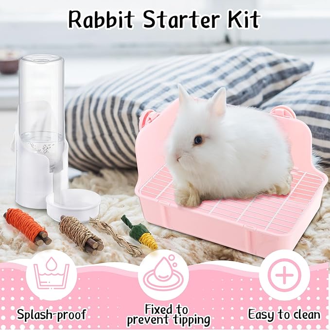 20 Pcs Rabbit Starter Kit Small Bunny Litter Box Animal Grooming Kit with Hanging Pet Bowls Water Bottle Bunny Toys Flannel Blankets with Cleaning Set for Guinea Pig Rabbit Accessories(Pink)