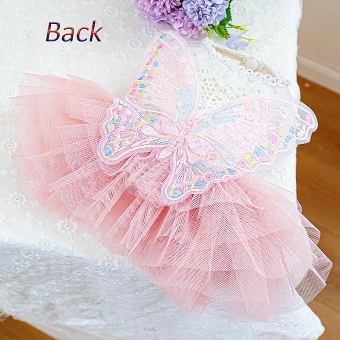 ANIAC Butterfly Dog Dress with Pink Tutu Funny Pet Clothes with Wing Girl Puppy Dress for Small Dogs Pet Butterfly Costume Holiday Cat Outfit for Halloween Birthday Wedding (Pink, Medium)