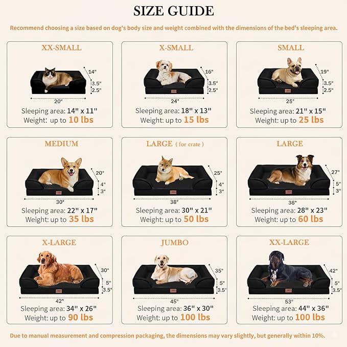 Comfort Expression Orthopedic Dog Bed for Extra Large Dogs 53x42 Inch, Waterproof Supportive Egg Crate Foam XXL Pet Bed with Removable Bolsters, Dog Couch with Washable Cover & Non-Slip Bottom, Black