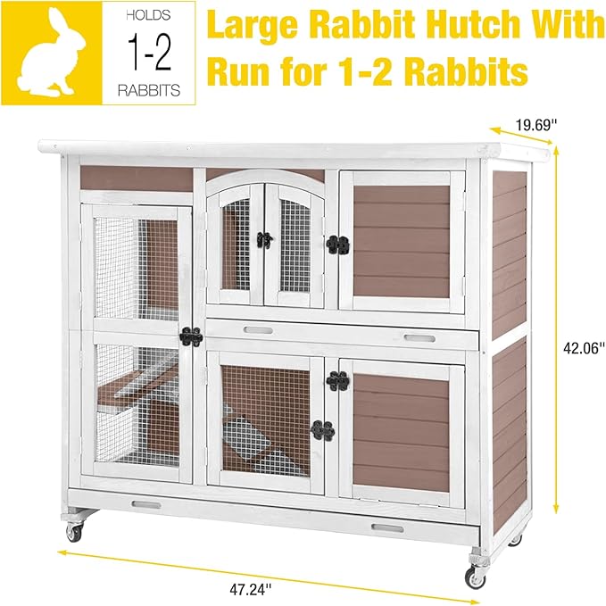 AIVITUVIN Rabbit Hutch Indoor Rabbit Cage Outdoor Two Story Bunny Cage Bunny Hutch Pull Out Tray Guinea Pig Cage on Wheel（Brown）