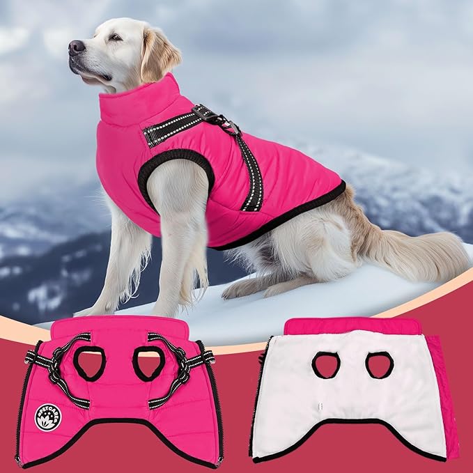PETCARE Winter Dog Coat with Harness Built in Waterproof Dog Jackets Warm Pet Fleece Vest Windproof Snow Jacket Snowsuit Reflective Dogs Cold Weather Coats for Puppy Small Medium Large Dogs Cats