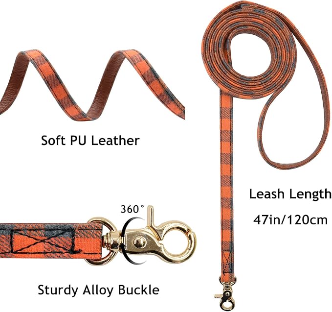 3PCS Bow Tie Dog Collar and Leash Set Plaid/Camo/Dots/Flower Dog Bandanas with Bell 3 Size Adjustable for Small Dogs Puppies and Cats (XS, Orange Plaid)