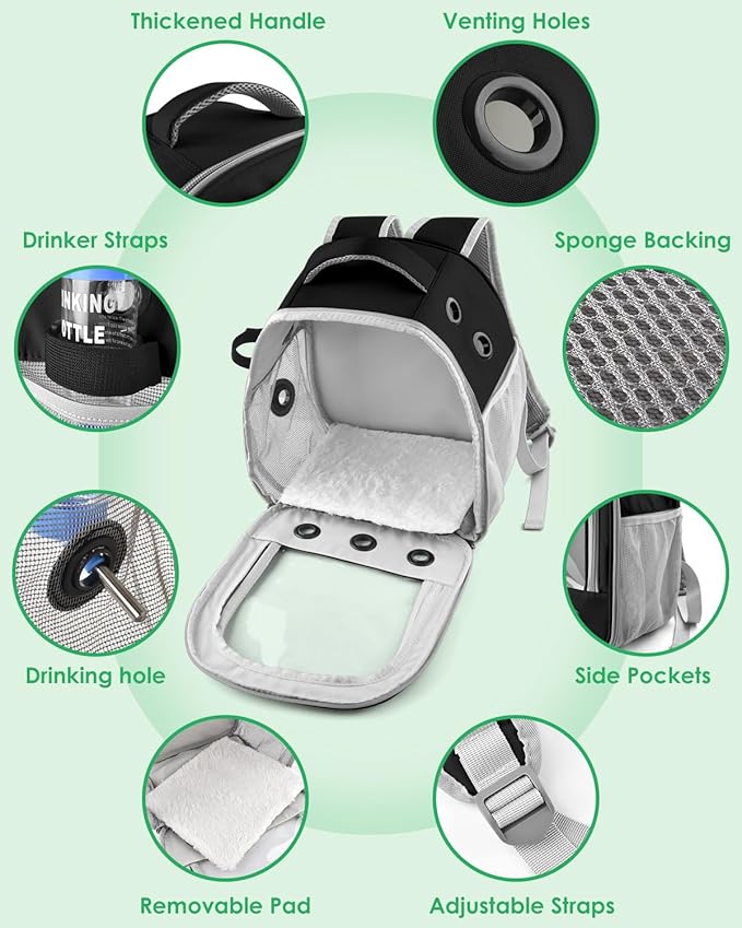 Guinea Pig Carrier Backpack, Portable Rabbit Travel Carring Bag for Pet Bunny Chinchilla Bearded Dragon Hamster Parrot Outgoing Pouch Case with Water Bottle Holder & Detachable Pad (Black)