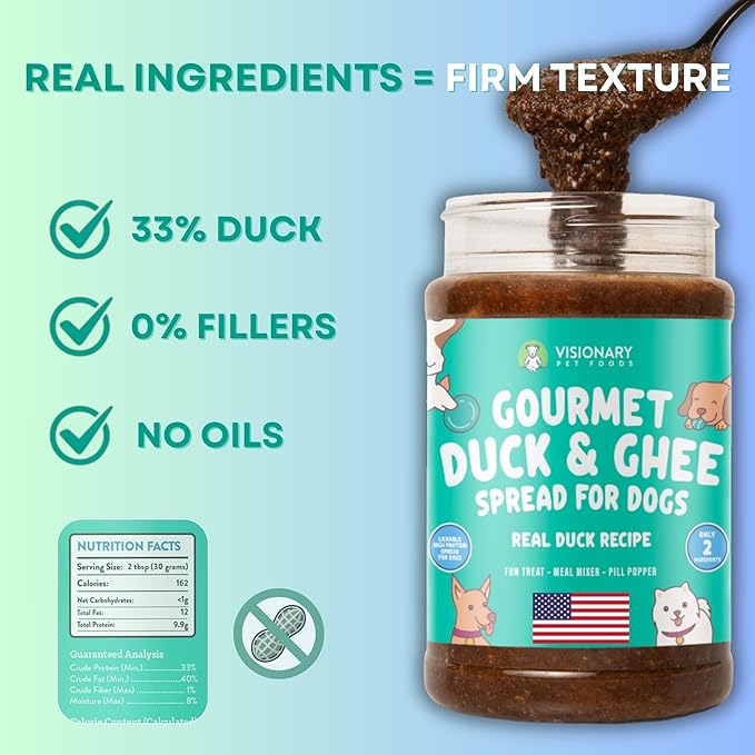 Visionary Pet Foods Duck Meat Spread - Healthy Dog Treat - Alternative to Dog Peanut Butter, Xylitol Free, No Sugar and Filler Free - Use on Lick Mat, Food Mixer, Pill Pockets - 12oz Jar