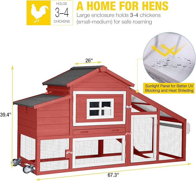 Aivituvin Chicken Coop Expandable Mobile Chicken House for Outdoor with Wheels, Nesting Box, Leakproof Pull-on Tray and UV-Resistant Roof Panel (Red, AIR23)