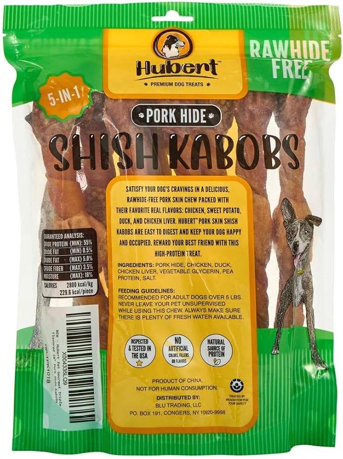 Hubert Pet Gourmet 5-in-1 Pork Hide Kabobs for Dogs: Four Flavors, 10-Inch Long-Lasting Chews, 10 Count, 1.8 lb Bag