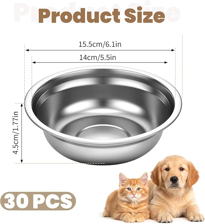 30 Pcs Stainless Steel Cat Bowls Bulk, 6.1 Inch Metal Basic Cat Bowl Whisker Friendly Thickened Replacement Elevated Food Water Bowls for Small Medium Large Dogs, Cats