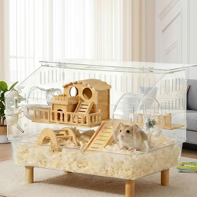 Chew-Resistant Acrylic Hamster Cage, Large Habitat with Enhanced Safety Lock System for Syrian & Dwarf Hamsters, Gerbils, Mice, Includes Full Accessory Set - 18.5" x 11.8" x 14.6"
