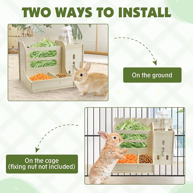 Hamiledyi Rabbit Hay Feeder Guinea Pig Food Holder Bunny Wooden Food Bin Feeder with Water Bottle Small Animals Hay Manger Wood Food Bowls for Guinea Pigs Rabbits Chinchillas Bunnies
