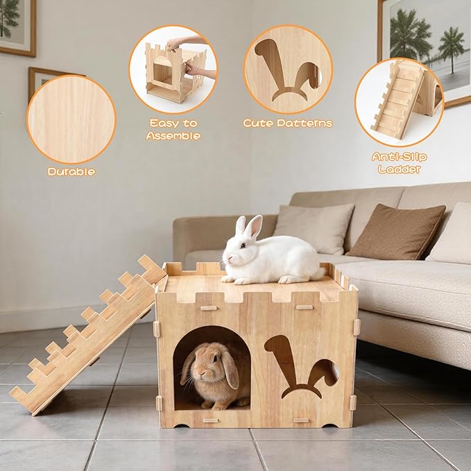 BWOGUE Extra Large Wooden Rabbit Castle Bunny House and Hideouts Detachable Small Animal Play Hideaway Hut for Indoor Adult Rabbit Guinea Pig Chinchilla Habitat