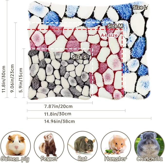 EAEDMY 4 Pieces Guinea Pig Bunny Comfortable Bed Mats Pads, Rabbit Warm Soft Bed, Hamster Bedding Pad Mats for Small Animals Chinchilla Hedgehog Baby Cats (14.9"X11.8", 2.Cobblestones Pattern)