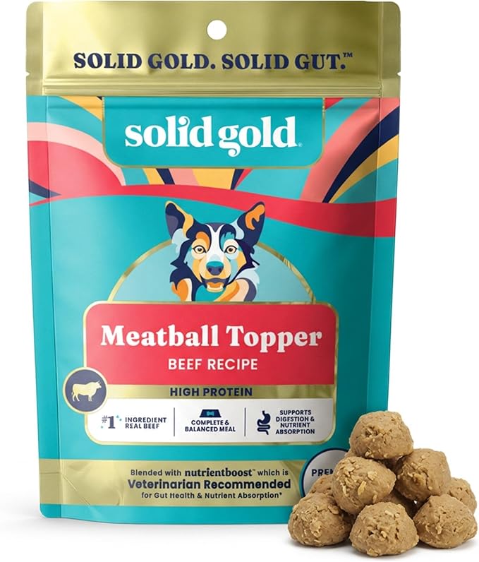 Solid Gold Meatball Dog Food Toppers for Dry Food- High Protein Beef Meatball Topper for Dogs - Complete Meal, Meal Mix in or Soft Dog Treats - Supports Gut Health - 3 Pack *Refrigerate After Opening*