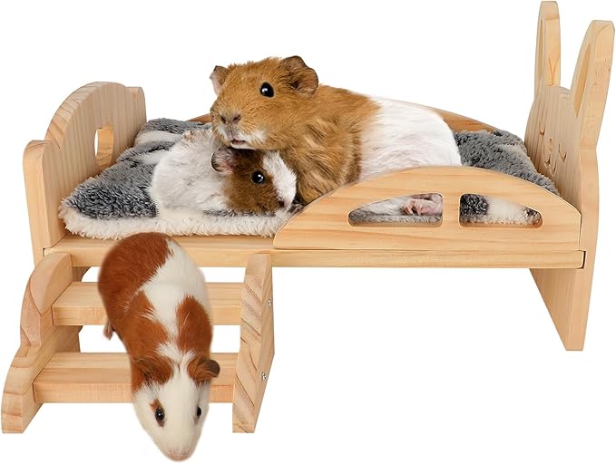 BWOGUE Wooden Guinea Pig Bed with Stairs and Mat, Washable Soft Fleece Small Animal Bed Guinea Pig Platform Bed for Hamsters Dwarf Rabbits Chinchilla Squirrel Hedgehog Habitat