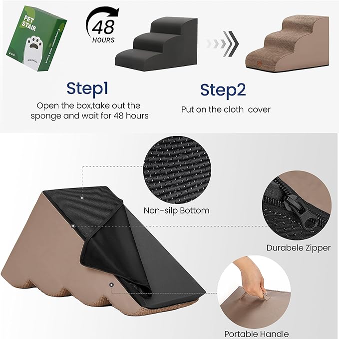 GoGoBunny Ramp Dog Stairs for Couch Sofa and Chair 15.7" H, 3-Step Pet Steps for Small Dogs and Cats, Non-Slip Waterproof Fabric Cover, Stable and Balanced Indoor Step, Pets Friendly, Camel
