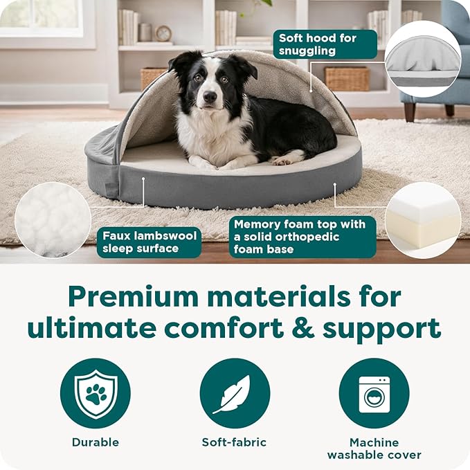 Furhaven 26" Round Memory Foam Dog Bed for Medium/Small Dogs w/ Removable Washable Cover, For Dogs Up to 30 lbs - Sherpa & Suede Snuggery - Gray, 26-inch