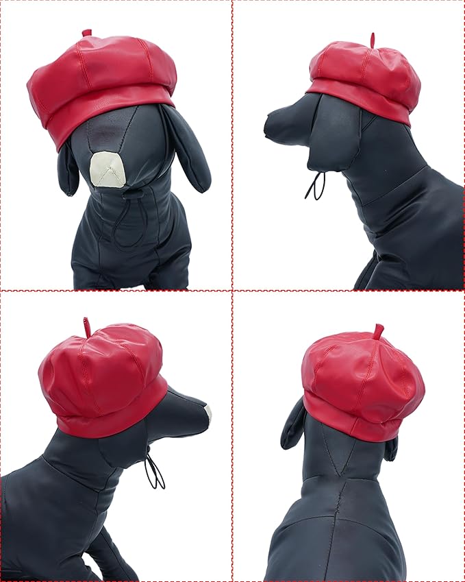 PET SHOW Dog Beret Hat for Small Dogs Cats Party Holiday Headband Cap French Leather Berets with Adjustable Chin Strap Cute Fashion Puppy Hats Pets Costumes Accessories(Red,S)