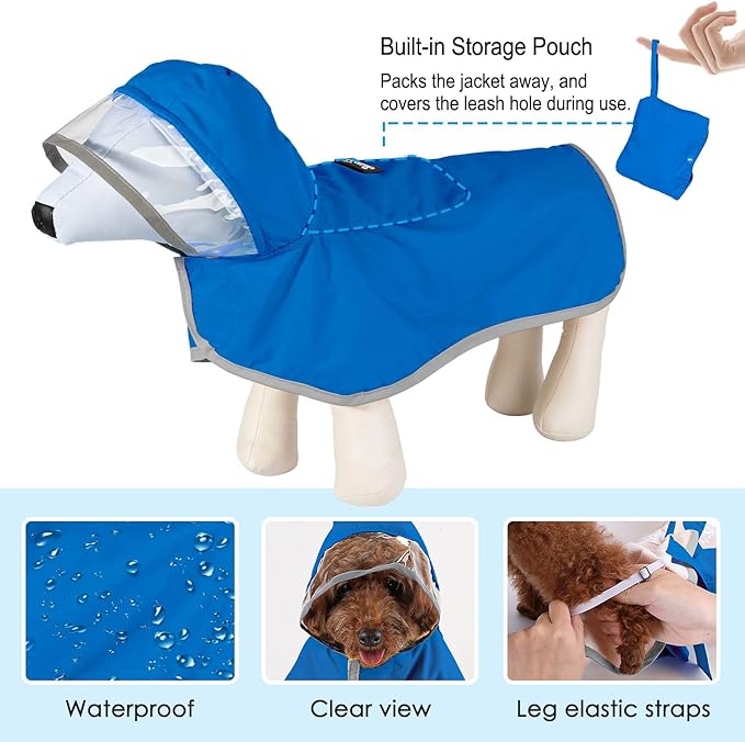 Lukovee Dog Raincoat, Adjustable Dog Rain Jacket with Clear Hooded Double Layer for Large Medium Small Dogs Puppies, Waterproof Rain Coat Poncho with Reflective Storage Pocket & Rim (BL,3XL)