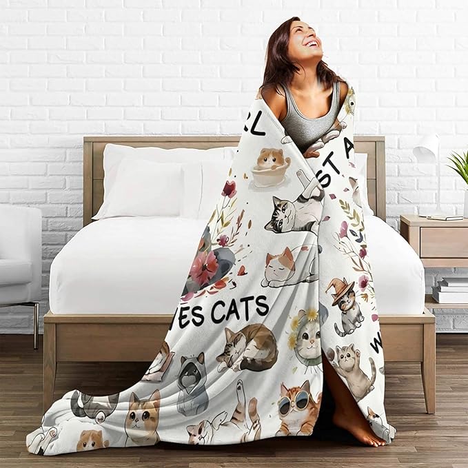 SweetFox Just A Girl Who Loves Cats Blanket, Cute Cat Decor Throw Blanket Gifts for Girls Boys Lovers Super Warm Soft Plush Fleece Flannel Winter Bedding Blankets for Kids Adults Men Women 80"X60"