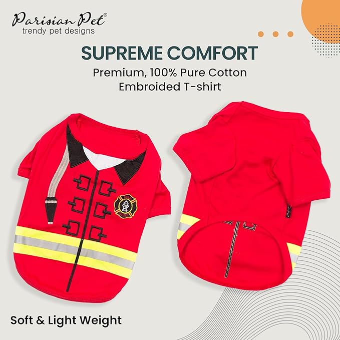 Parisian Pet Dog Costume - 100% Cotton Firefighter Dog Clothes for Medium Dogs - Lightweight Puppy Outfits - Funny Schitzu Clothes - Sleeved Red Shirt for Dogs - Stretchy and Stylish Pet Costume