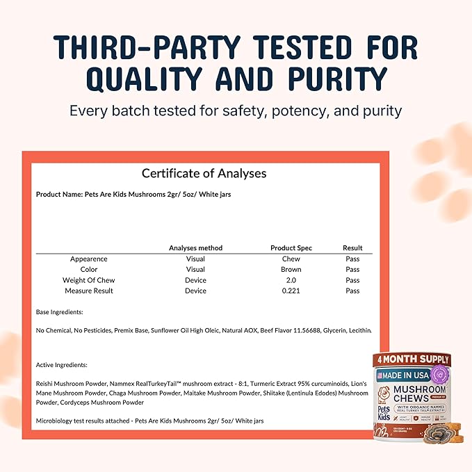Pets are Kids Turkey Tail Mushroom for Dogs with Organic Real Turkey Tail™ - 8:1 Extract Mushroom Chews for Lumps & Bumps, Immunity, Gut, Skin, Joint & Spine Support - Reishi, Lion’s Mane - 240 Chews