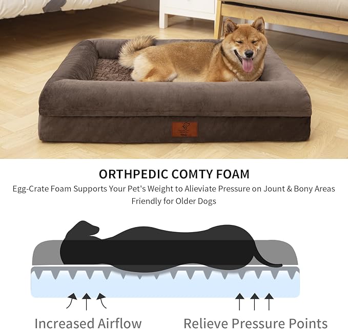 Extra Large Dog Bed, Orthopedic Washable Suede Bed with Removable Bolster, Waterproof with Nonskid Bottom, 45" X 35"