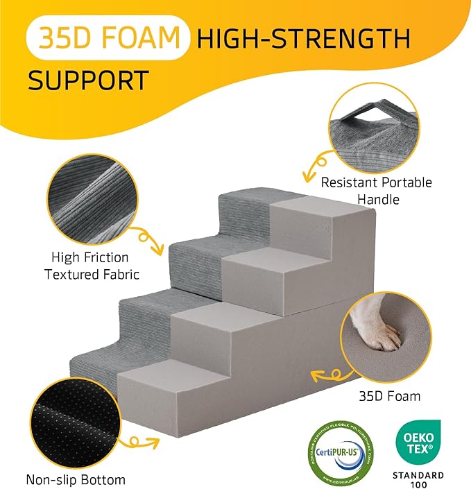 Dog Stairs for Small Dog Steps for Bed Ramps Stairs Extra Wide Steps for Bed Foam Stairs for Couch Sofa 35D Strong Support Pet Stairs Non-Slip Bottom Pet Steps to Get on Bed, Grey, 3 Steps