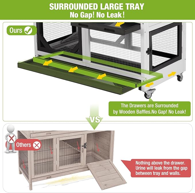 GUTINNEEN Rabbit Hutch Mobile Bunny Cage with Wheels, Chewproof Ramp, Leak Proof Trays – Ideal Cage for Rabbits, Guinea Pigs, and Chickens, Indoor/Outdoor Use,39.4" L x 22" W x 37" H, Black and White