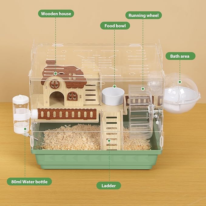 Acrylic Hamster Cage 2-Tier Dwarf Hamster Cage Small Hamster Habitats with Accessories Kit, Clear Hamster Enclosure for Gerbils Syrian Hamster, Green Pet Mice House, 13.3" L x 10.2" W x 12.4" H