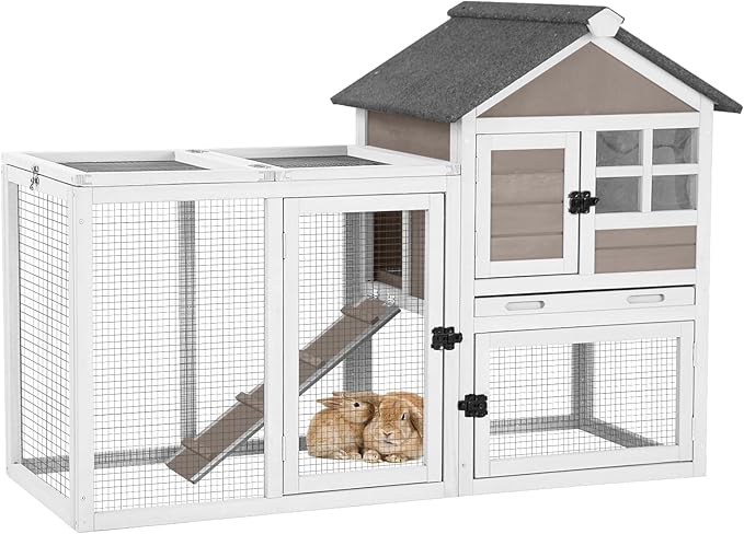 Rabbit Hutch Indoor or Outdoor, Wooden Bunny Cage with Chew-Proof Ramp, Mobile Rabbit House with Wheels, Guinea Pig Cages with Leakproof Tray and Waterproof Roof (Brown)