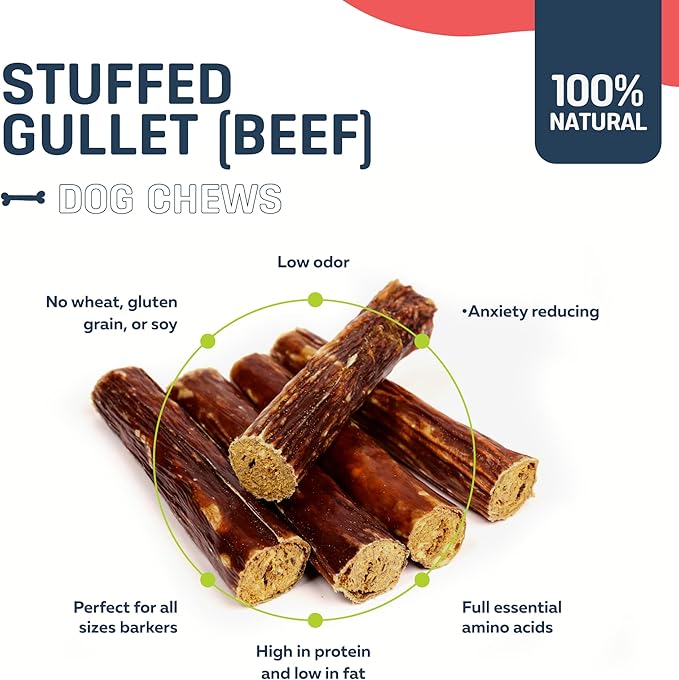 Big Lu - 5-6 Inch Stuffed Beef Jerky Sticks for Dogs, 20 Count, Premium All-Natural Gullet Chews, High-Protein, Easily Digestible, Supports Dental Health and Joint Mobility