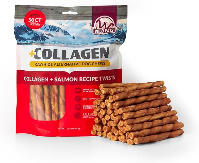 Wild Eats Salmon Flavor Collagen Twist Style Long Lasting Dog Chews (50 Pack, 1 cm Wide) No Hide, Dog Treat Bully Stick Alternative, Rawhide Free, Grain Free, High Protein