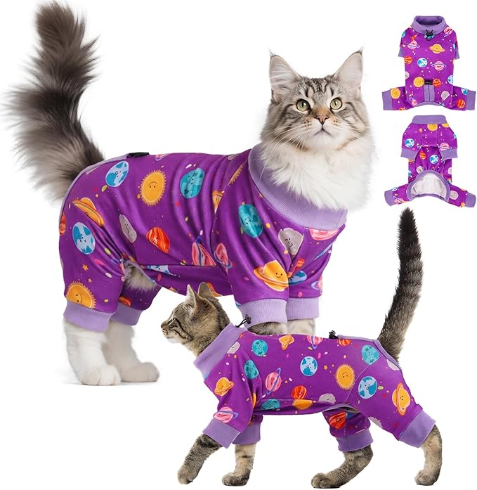 Sticky Hair Cat Clothes, Anti-Shedding Cat Pajamas, Post-Surgery Recovery Onesie, Soft Breathable, Prevents Licking & Scratching Wounds, Warm Cats Sweater, Sphynx Cats Clothing- Purple S