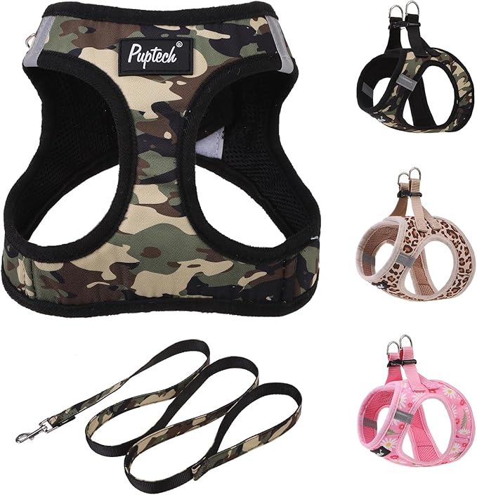 PUPTECK Dog Harness and Leash Set for Small Medium Dogs No Pull Step-in Soft Mesh Puppy Cat Vest Harnesses Reflective at Night, Camouflage, M