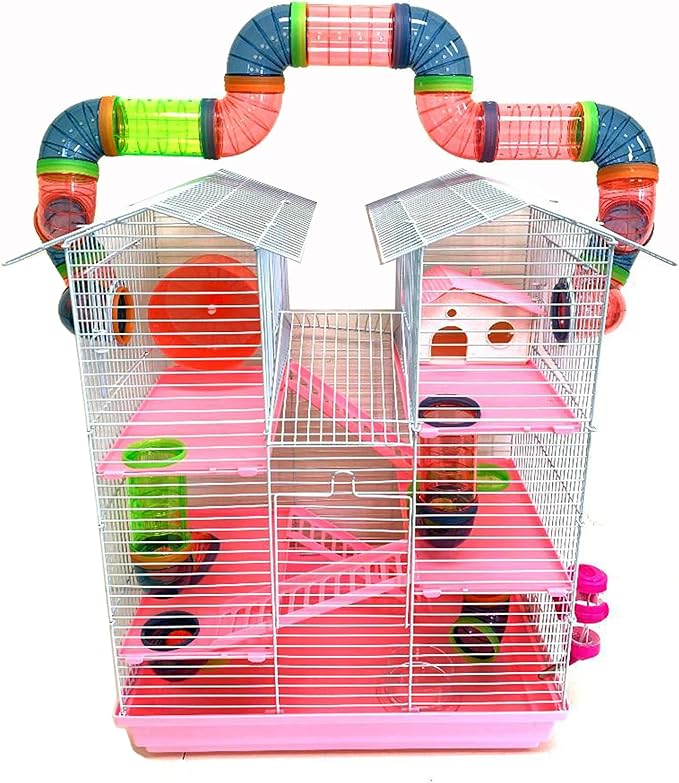 Large Pink 5-Level Expansible and Customizable Cross Twin Tower Tube Tunnel Habitat Hamster Rodent Gerbil Mouse Mice Rat Home Cage with Hide House Excercise Running Wheel Food Dish Water Bottle