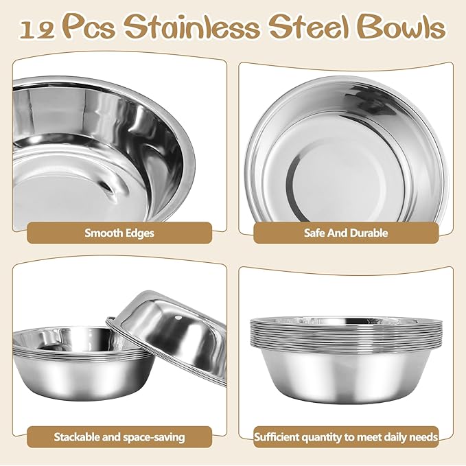 kathson 12 PCS Small Stainless Steel Dog Bowls, Replacement Metal Puppy Food Water Bowl Set Suit for Indoor Outdoor, Pet Feeding Dish for Small Animals Kitten, Dishwasher Safe (4.3 in)