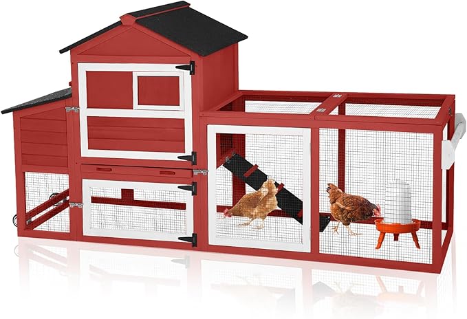GUTINNEEN Mobile Chicken Coop with Wheels for 2-4 Chickens, Expandable Wooden Hen House with Divided Nesting Box, Reinforced Coop Balcony, Roosting Perch, Metal Pull-Out Tray, 82.4" L (Red)